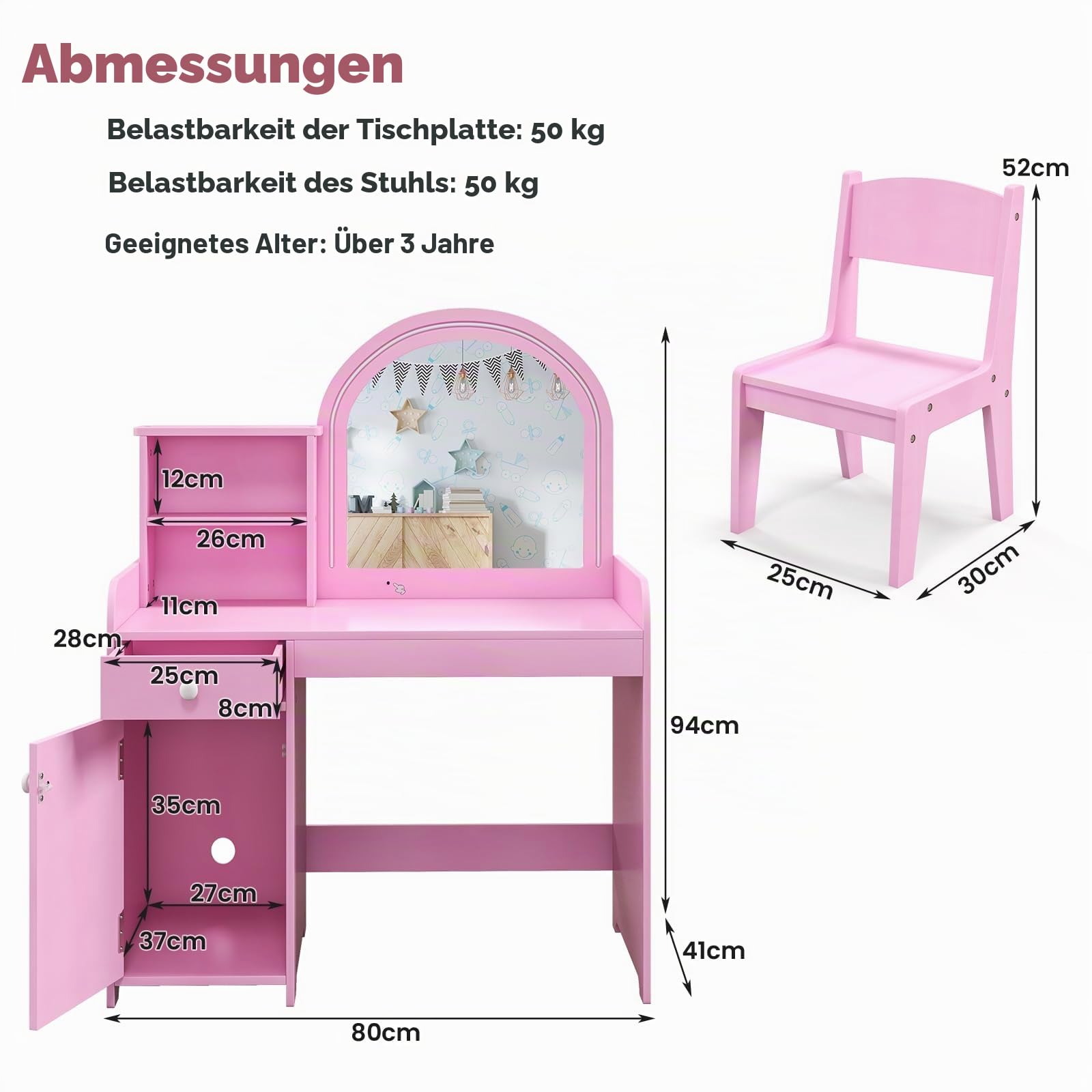 LIFEZEAL 2 in 1 Schminktisch Set für Kinder, Kinderschminktisch mit LED-Spiegel & Hocker, Frisiertisch Holz mit Schublade & Regal, Kosmetiktisch Set für Mädchen ab 3 Jahre (Rosa)