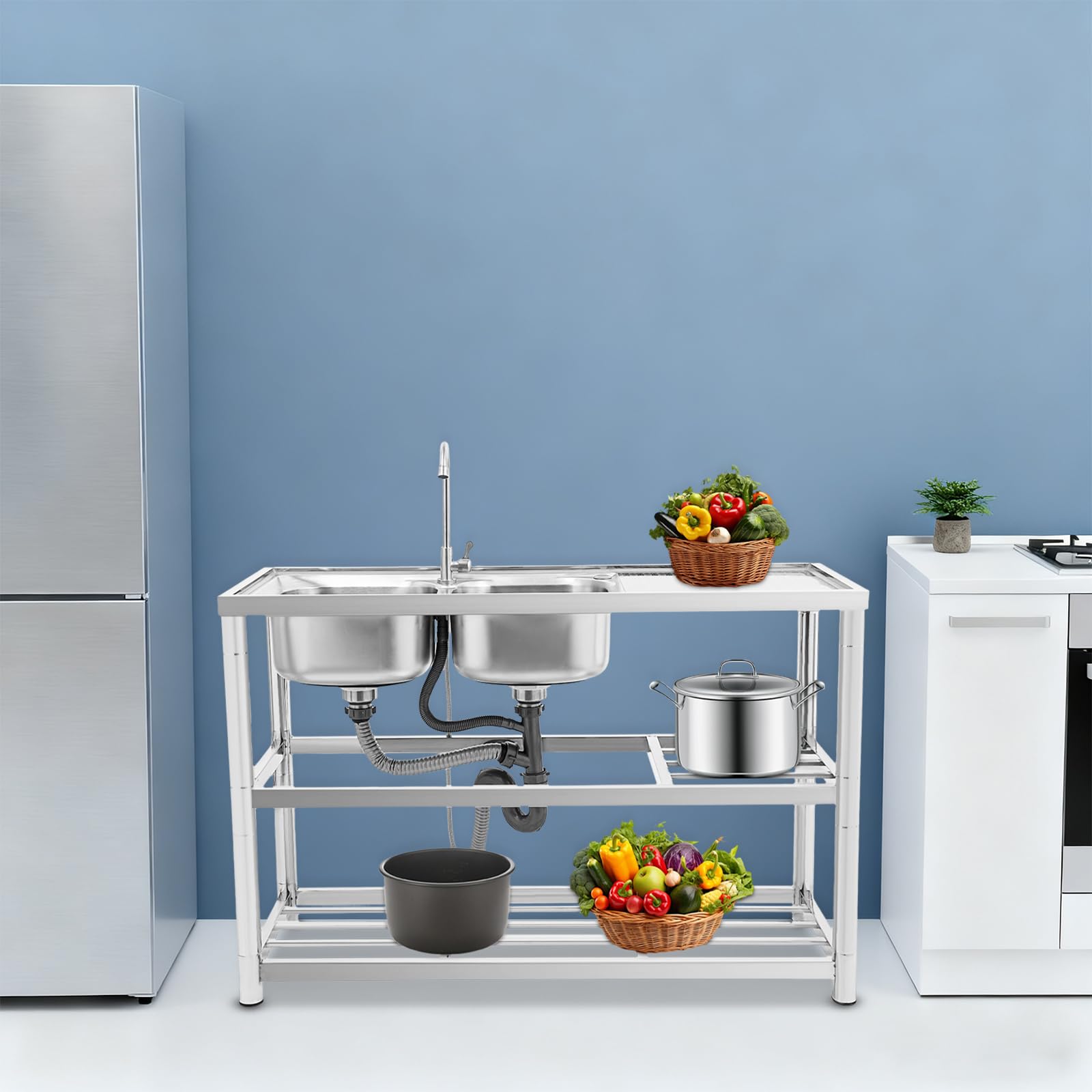 120 cm 2 vasche 3 ripiani Lavello in acciaio inox con rubinetto freestanding per cucina | 201 inox, 2 vasche, 3 livelli, 100 kg, piedi rotondi/quadrati, piletta in acciaio, rubinetto 360°, per pro & casa