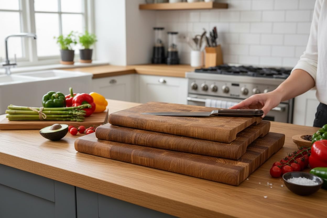 B4K Tagliere in legno di quercia, 40 × 30 cm, massello di legno di cervello con supporto, antibatterico, con manici, scanalatura e piedini in silicone, perfetto per cucina, carne e barbecue