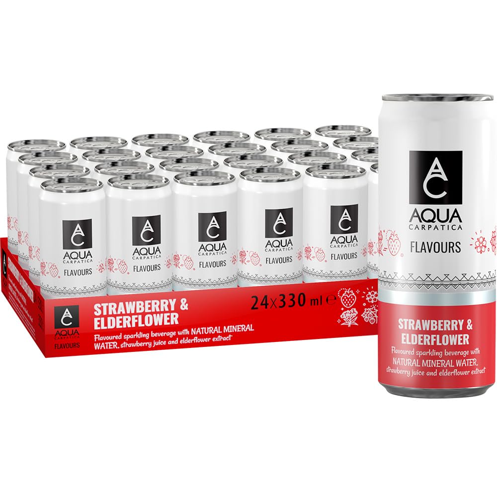 AQUA Carpatica Sparkling Flavours Strawberry & Elderflower 330ml x 24 - Natural Fruit Juice Infused Sparkling Water, Naturally Alkaline, Sweetened with Agave Syrup, Rich in Minerals