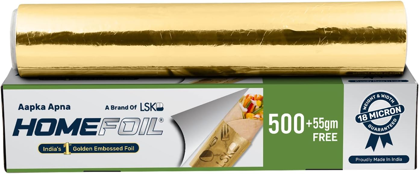 HOMEFOIL 500+55 gm Free Golden Embossed Converted Aluminium Foil | 18 Micron Thickness | Ideal for Food Wrapping, Packing, Storing and Serving | 38.56 Meters Net Guaranteed Length