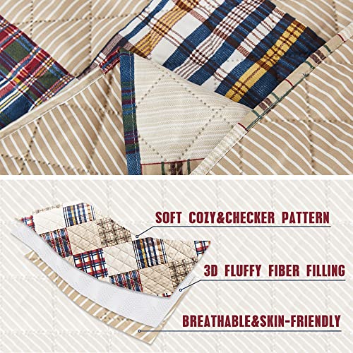 Chixin Plaid Quilt Queen Size - Classic Tartan Plaid Pattern - Lightweight Bedspread Coverlet Set, Country Patchwork Bedding Cover For All Season, 3 Piece, Beige #TOP4