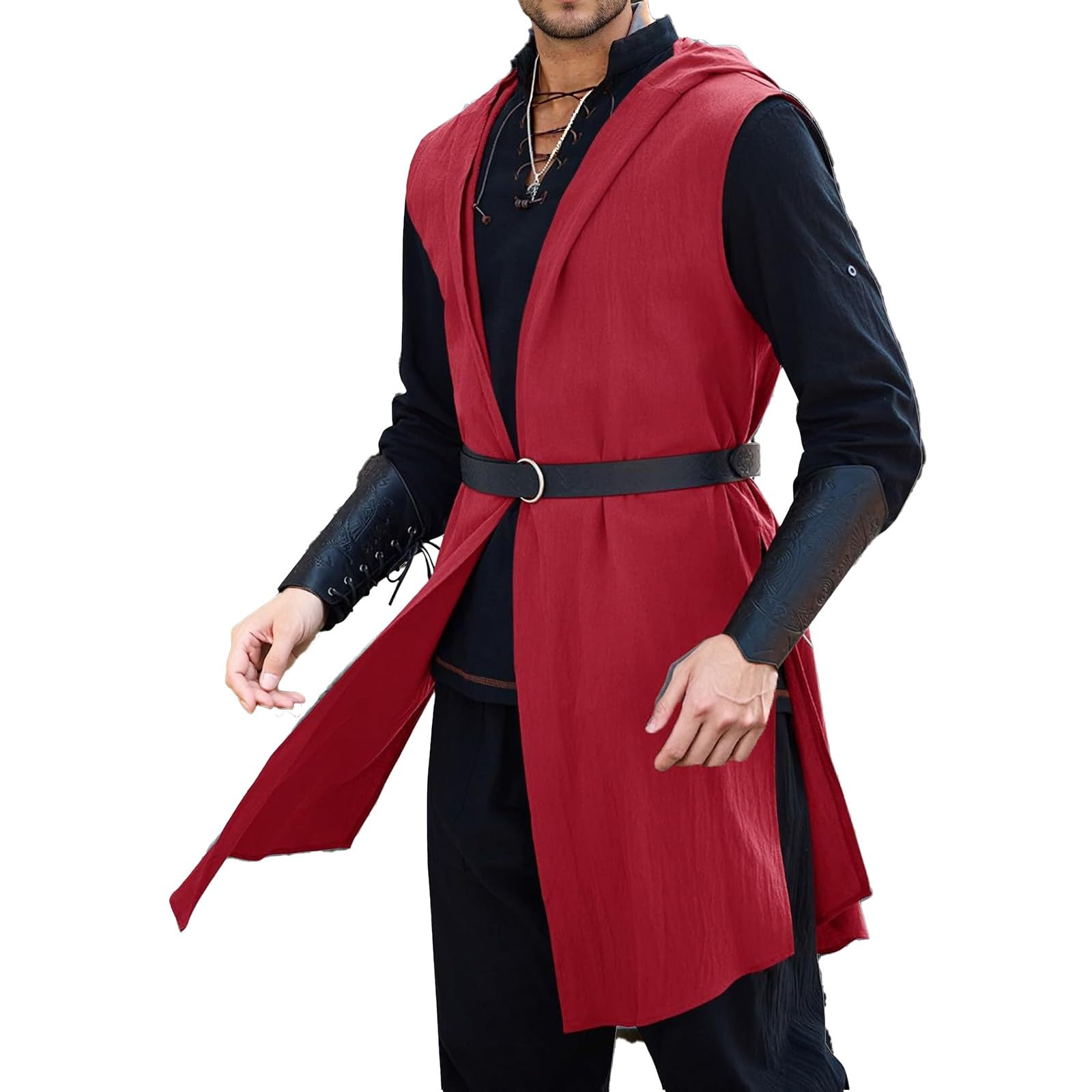 Pirate Costume Kilt Viking October Festival Mens Linen Shirt Men Classic Medieval Lace Up Long Sleeve Retro Tops Scottish Ghillie Collarless Shirts for Dress Oktoberfest Red S