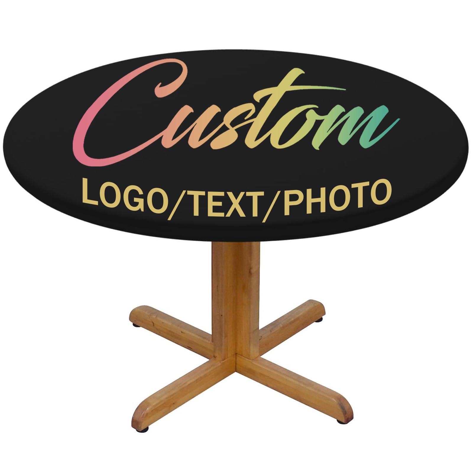 Custom Round Table Cloth with Elastic Edge, Design Your Logo Text Photo, Personalized Oil Proof Wipeable Table Cover for Kitchen, Dinner, Restaurant,