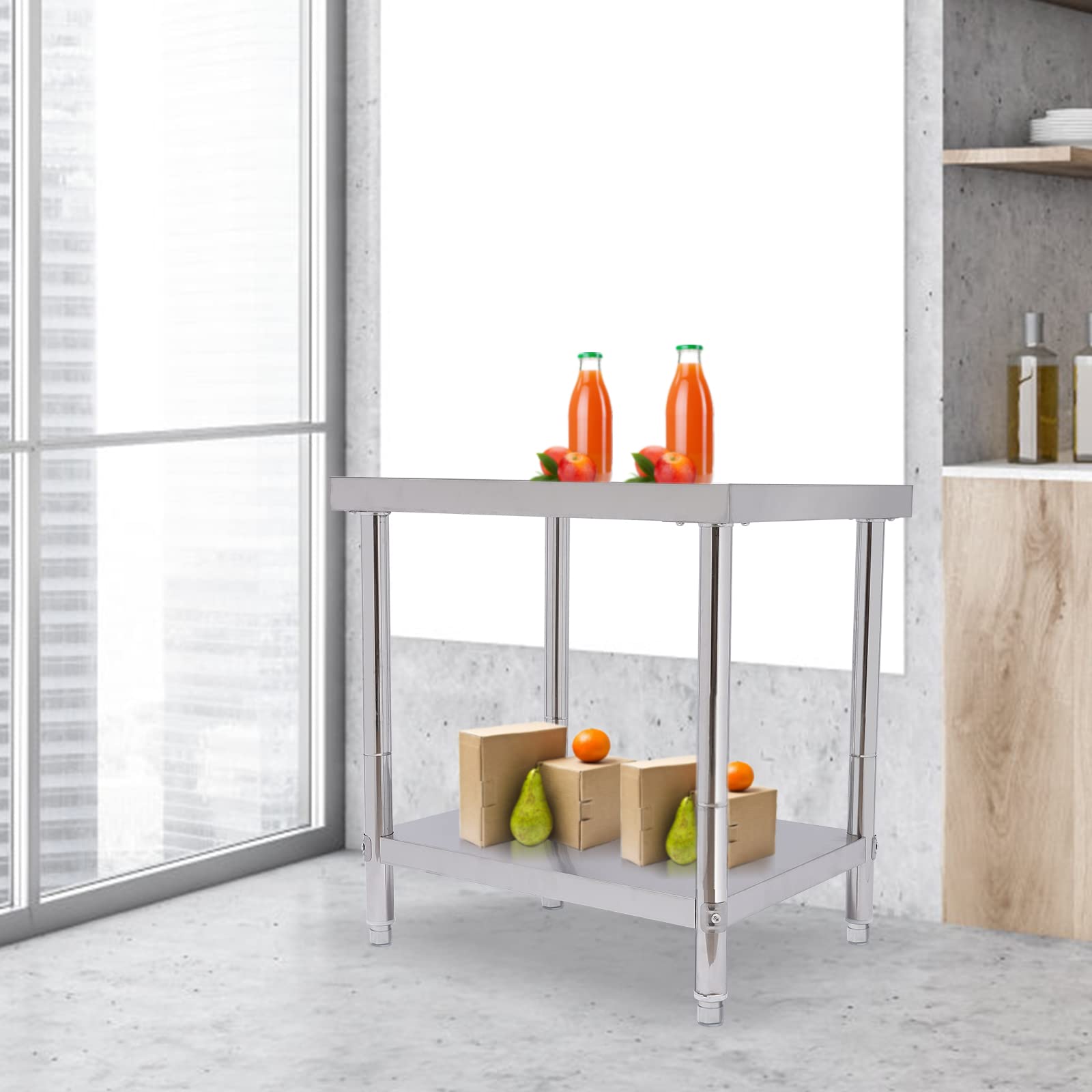 Tavolo da lavoro in acciaio inox con ripiano regolabile in altezza e 4 ruote universali, per cucina, preparazione, bar, barbecue e mobili da cucina