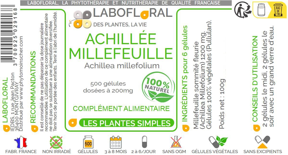 Achillée Millefeuille Labofloral 500 gélules dosées à 200 mg - Complément alimentaire - Digestion, respiration - Fabriqué en France