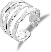 ALEXCRAFT 18K Goldplated Stainless Steel Rings, Hypoallergenic 925 Sterling Silver Large Chunky Wide Hammered Curved Open Rings Adjustable Fixed Stackable Multi Layered Thumb Ring for Women Lady Men