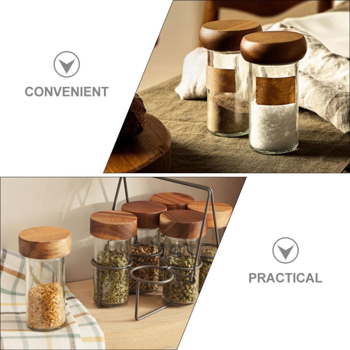 UKCOCO Set 4 Barattoli di Vetro con Coperchio in Legno di Acacia 90ml con Vassoio Porta Spezie per Cucina, Contenitori per Condimenti Trasparenti Salvaspazio per Uso Domestico e Barbecue
