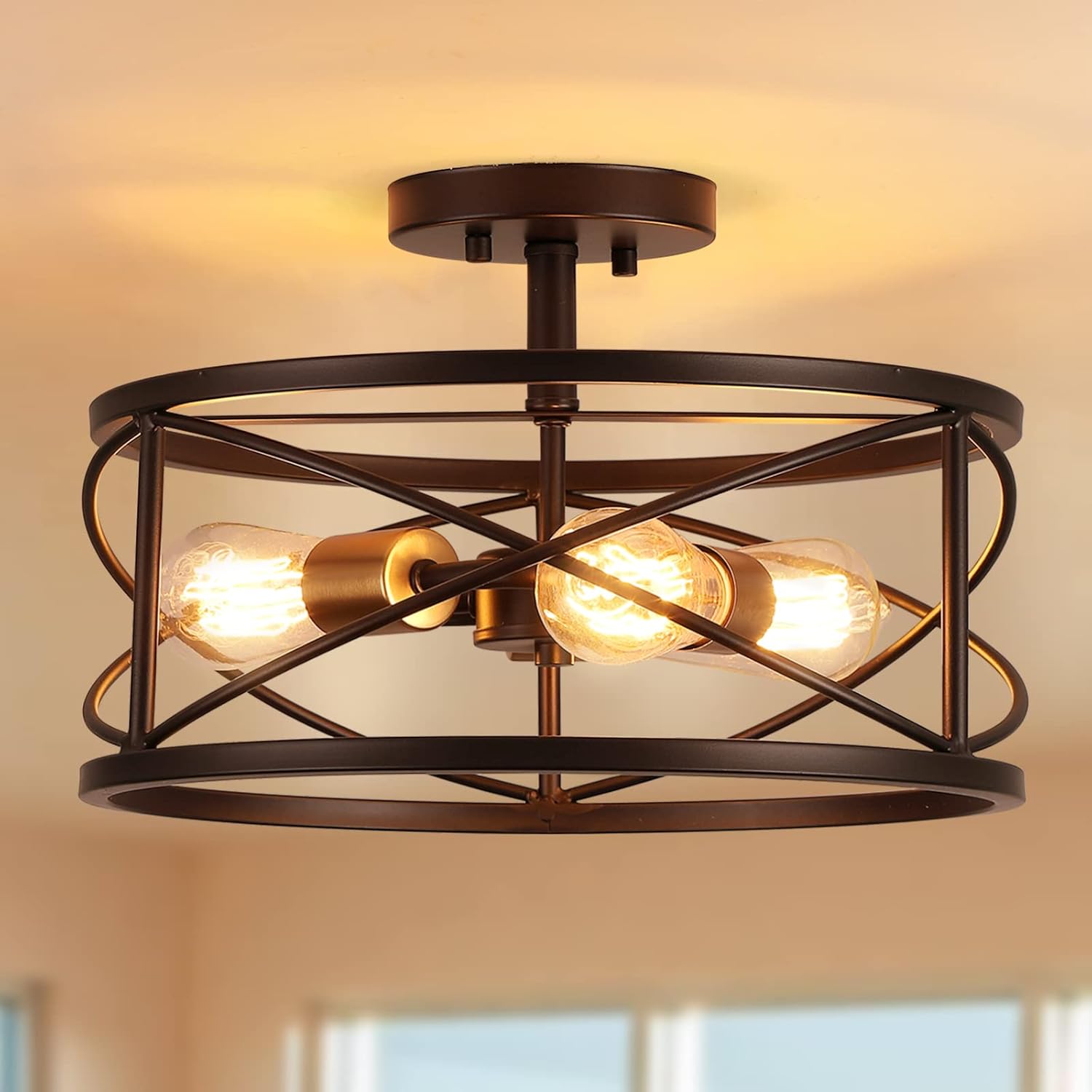 mavcadonf 3-Light Semi Flush Mount Ceiling Light, 14-inch Industrial Modern Farmhouse Lighting Fixture with Metal Cage, Oil Rubbed Bronze Finish Ceiling Lamp for Kitchen Hallway Bedroom Living Room