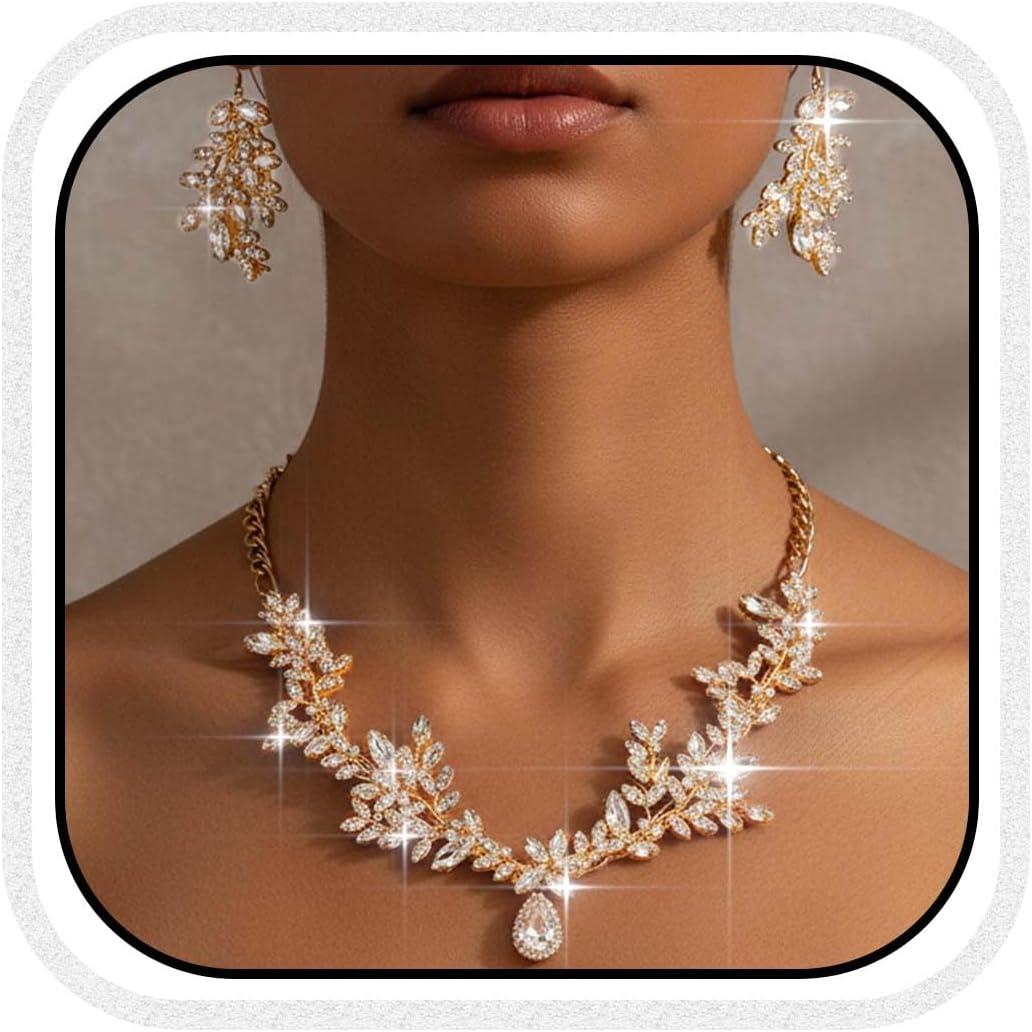 Yean Gold Bridal Jewelry Set Rhinestone Necklace and Earring Set Crystal Costume Prom Jewelry for Women and Bride