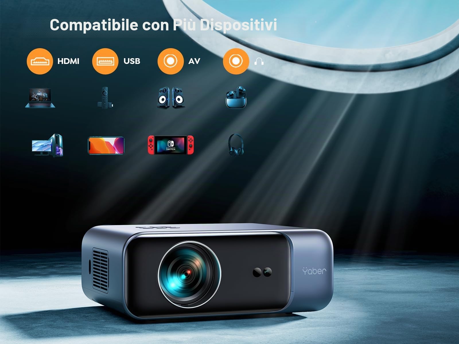 Proiettore YABER Home Cinema, 1080P Full HD compatibile 4K, Autofocus e Correzione Keystone, WiFi 6 Bluetooth Portatile Esterni Schermo 300 Pollici, per Smartphone/Fire TV Stick/PS5