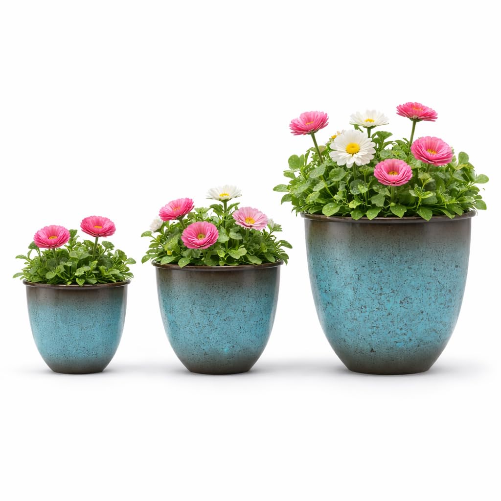 The Happy Garden Galvanised Metal Indoor Planter Pots - Set of 3 Modern Decorative Flower Pot, Metal Planters for Gardening, Drainage Holes, Small, Medium & Large Combo (Ombre Blue)