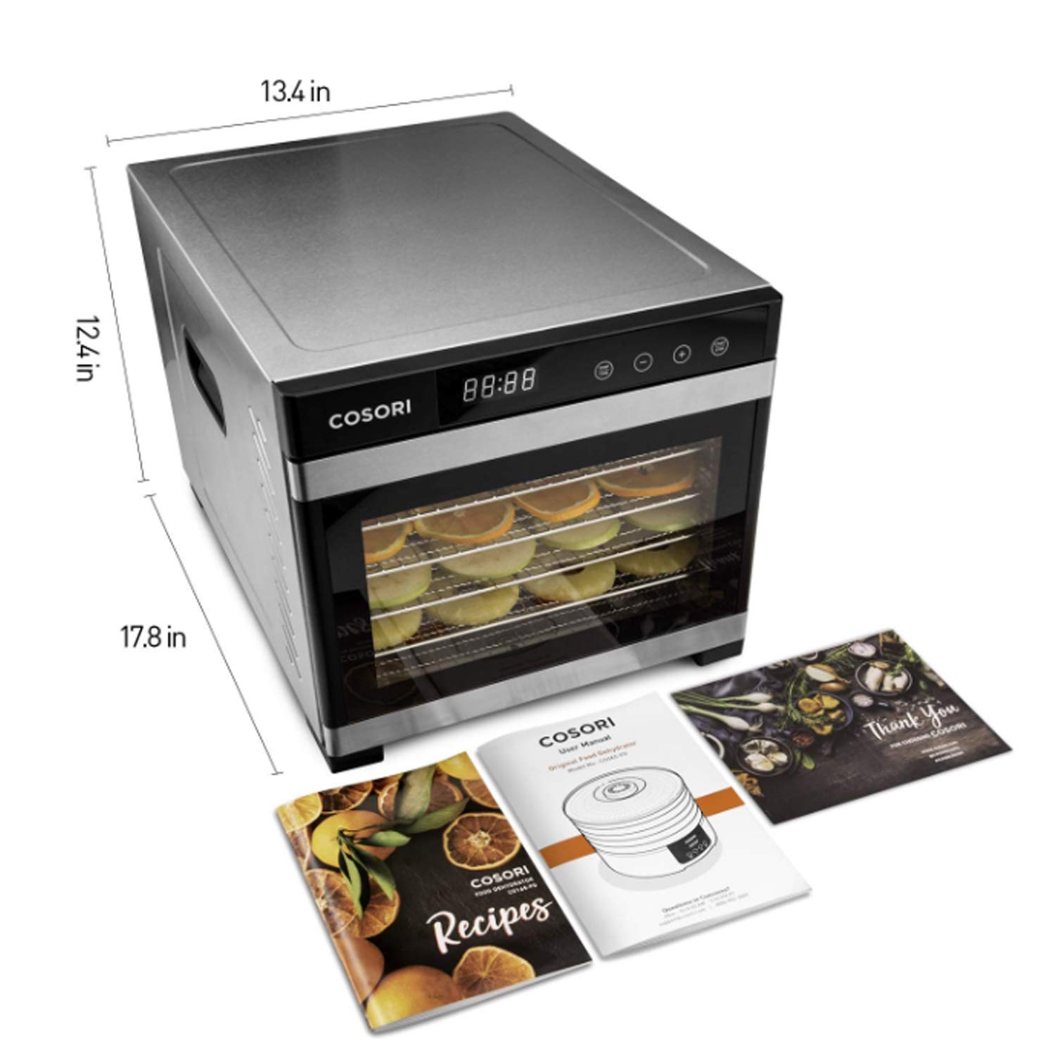 COSORI Deshidratador de alimentos, incluye 6 bandejas de acero inoxidable, deshidratador de alimentos con 3 rejillas de deshidratación, 3 alfombrillas de deshidratación y 50 recetas