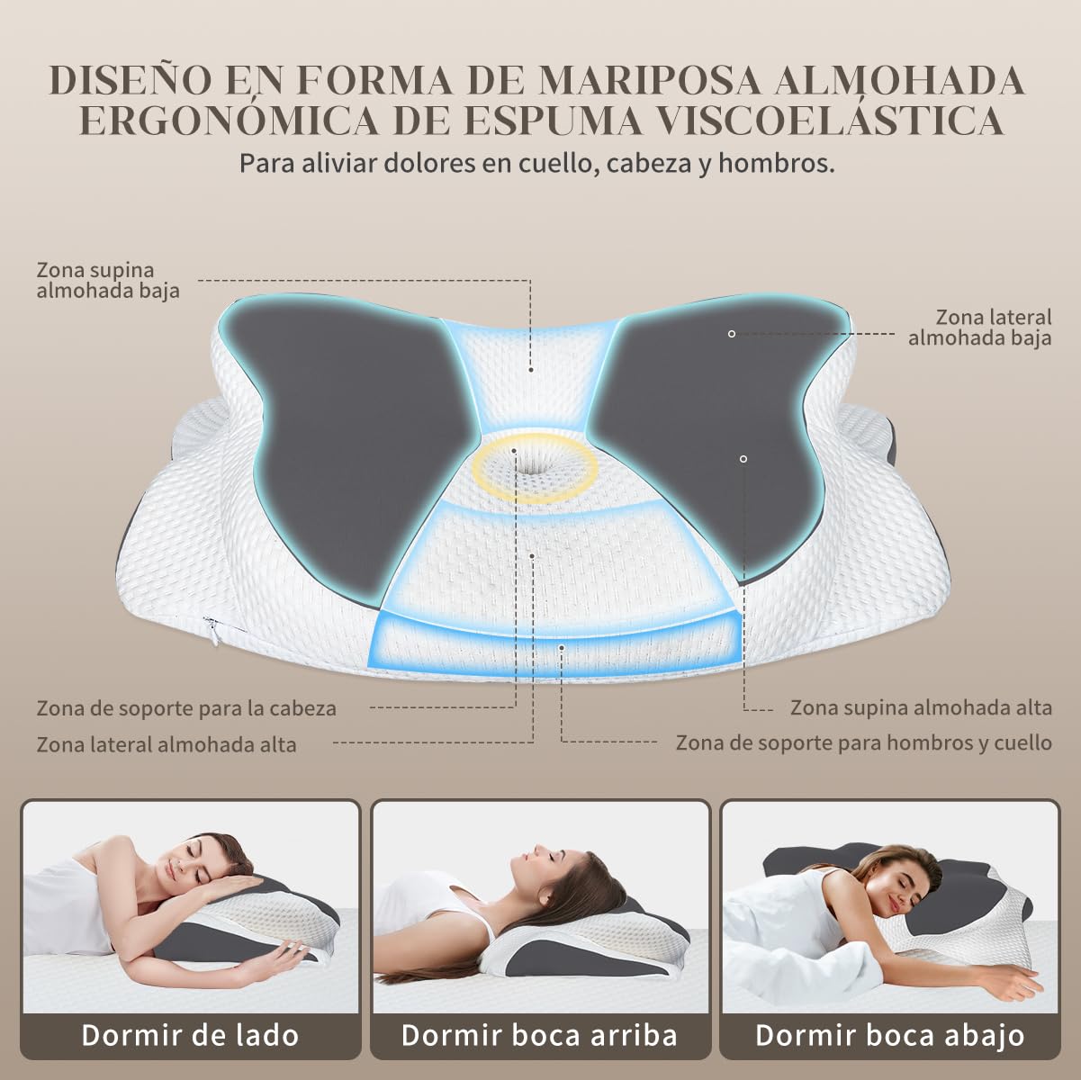 Almohada Cervicales y Cuello, Almohada Cervical Viscoelástica para Cervicales, Tejido Refrescante, Almohada Antirronquidos para Dormir de Lado, Boca Arriba y Boca Abajo, Color Gris Claro