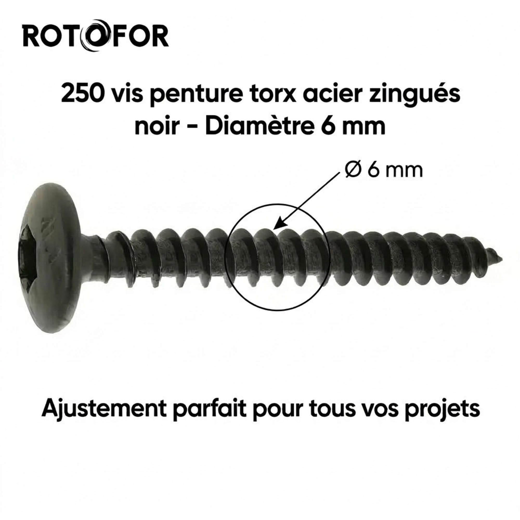 250 Vis Penture Torx acier zingués Noir 6,0 mm - diamètre 6 mm - Longueur 20 mm