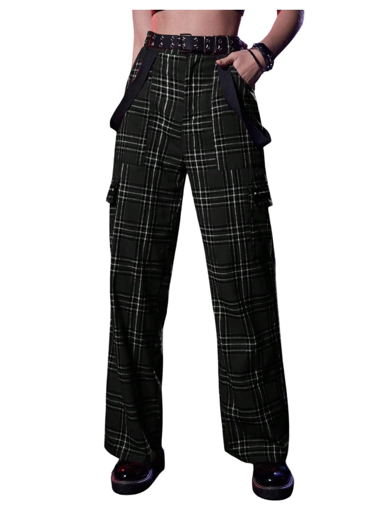 WDIRARA Womens Tartan Plaid Print Elastic Waist Pants Grunge Straight Leg Pants Trousers
