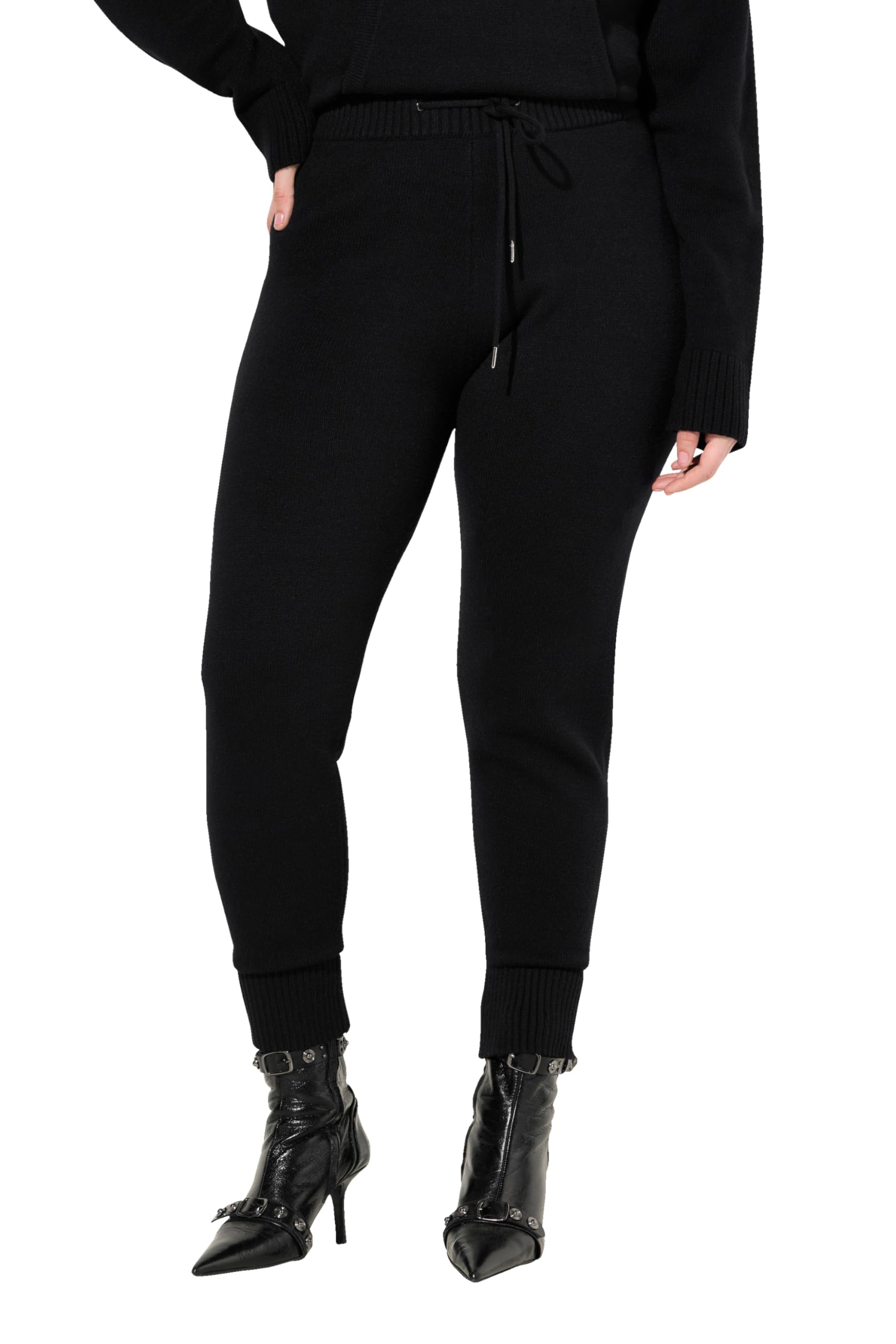 Ulla Popken Damen große Größen Übergrößen Plus Size Strickhose, breiter Rippbund, Kordel, Rippsaum 830969