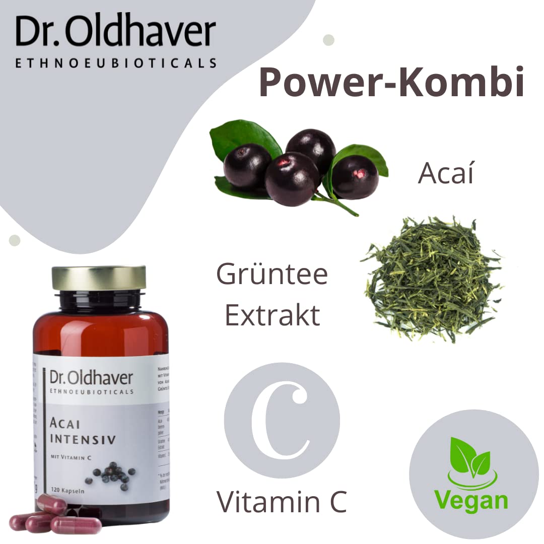 Dr. Oldhaver Acai Intensiv – Acai Beeren Kapseln Hochkonzentriert mit Grüntee Extrakt und Vitamin C (120 Stück), Frei von Gluten und Laktose, für den Energiestoffwechsel