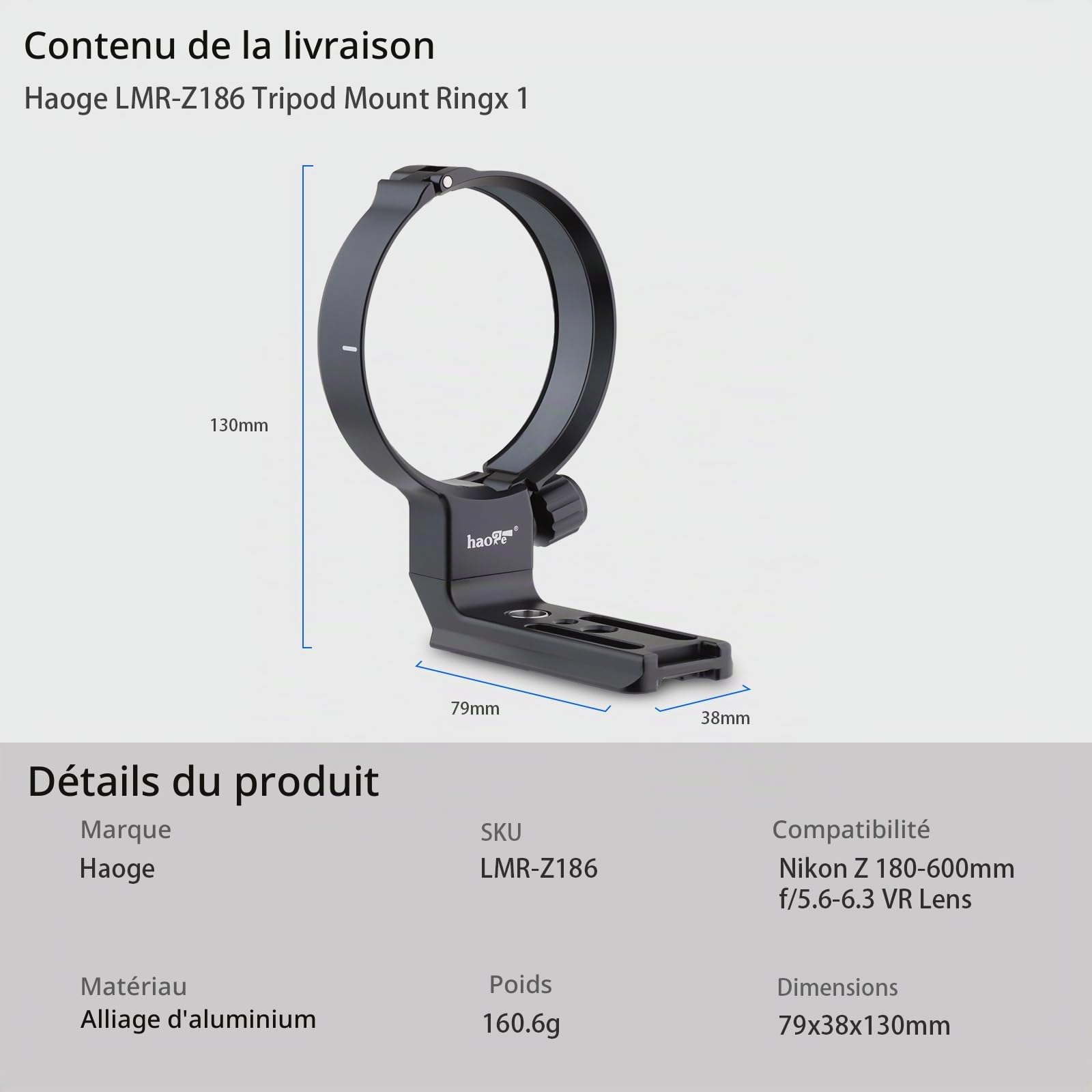 Haoge LMR-Z186 Bague de fixation pour trépied Nikon Nikkor Z 180-600 mm f/5.6-6.3 VR avec plaque de fixation rapide intégrée de type Arca