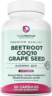 PurePremium Beet Root Capsules - 3-in-1 Blood Pressure Supplements with Beets, CoQ10 & Grapeseed - Beetroot Capsules Nitric Oxide Supplement for Normal Heart Health & Circulation Health - 60ct