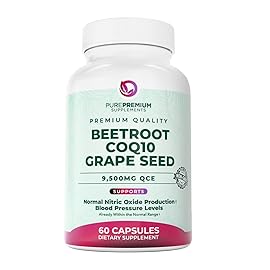 PurePremium Beet Root Capsules - 3-in-1 Blood Pressure Supplements with Beets, CoQ10 & Grapeseed - Beetroot Capsules Nitric Oxide Supplement for Normal Heart Health & Circulation Health - 60ct