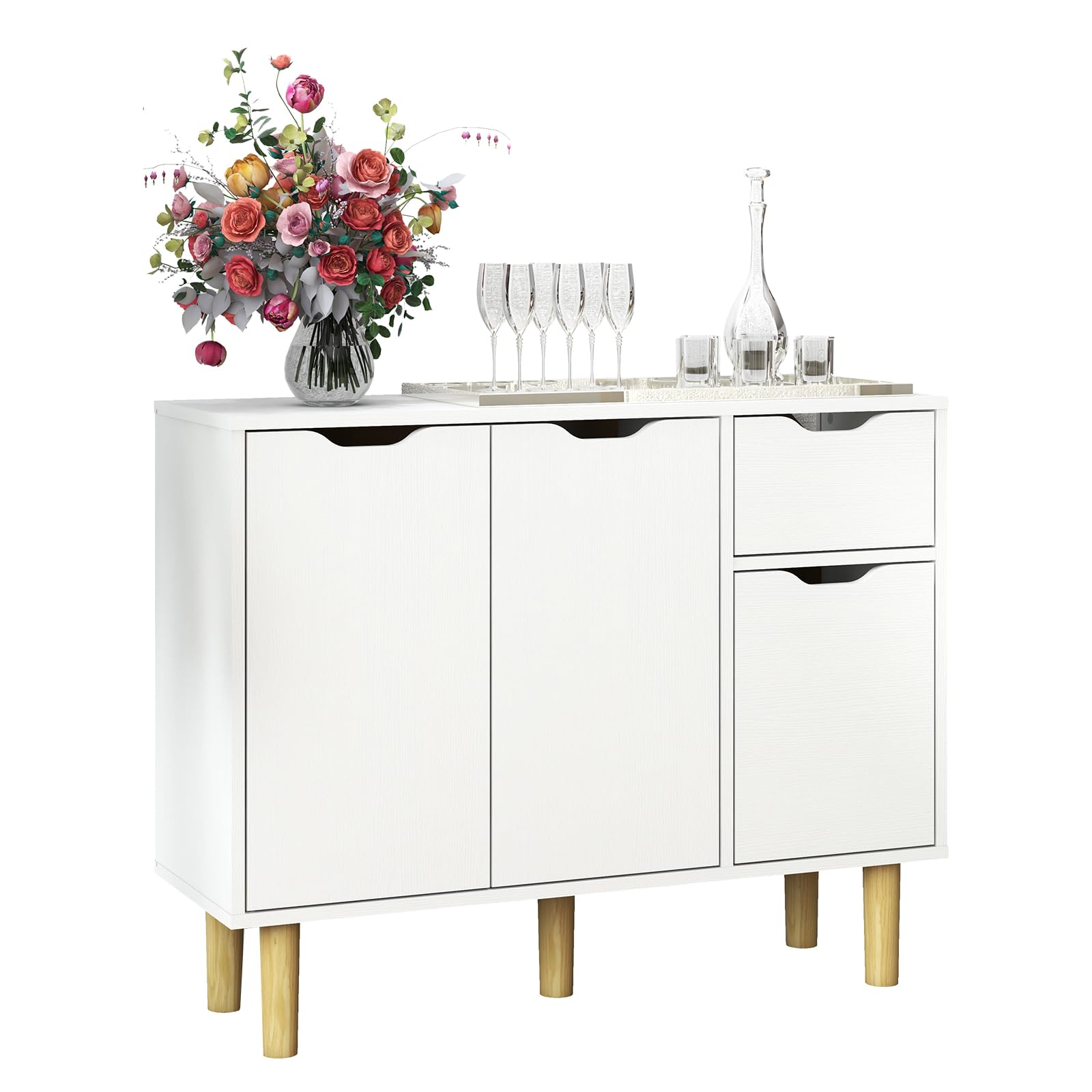 Panana 2 Door 2 Drawer Sideboard with Wooden Legs Living Room Side Table Storage Cabinet (White)