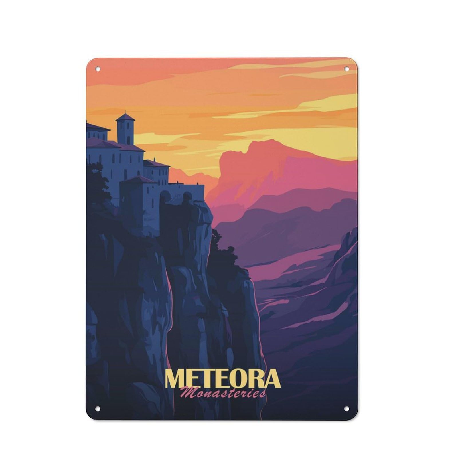 Meteora Monasteries Sunset Tin Sign 40x30cm, Vintage Home Bar Decor for Cafe, Pub, Workshop Or Home Bar, for Relaxed Wall Styling