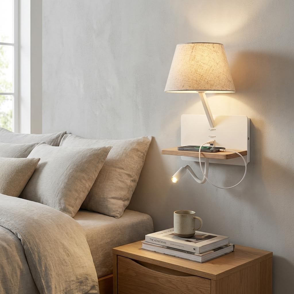 BARCELONA LED applique da parete con paralume in tessuto BEIGE, USB e USB-C ricarica, mensola in legno, luce lettura LED E27, stile naturale retrò industrial moderno minimalista classico camera
