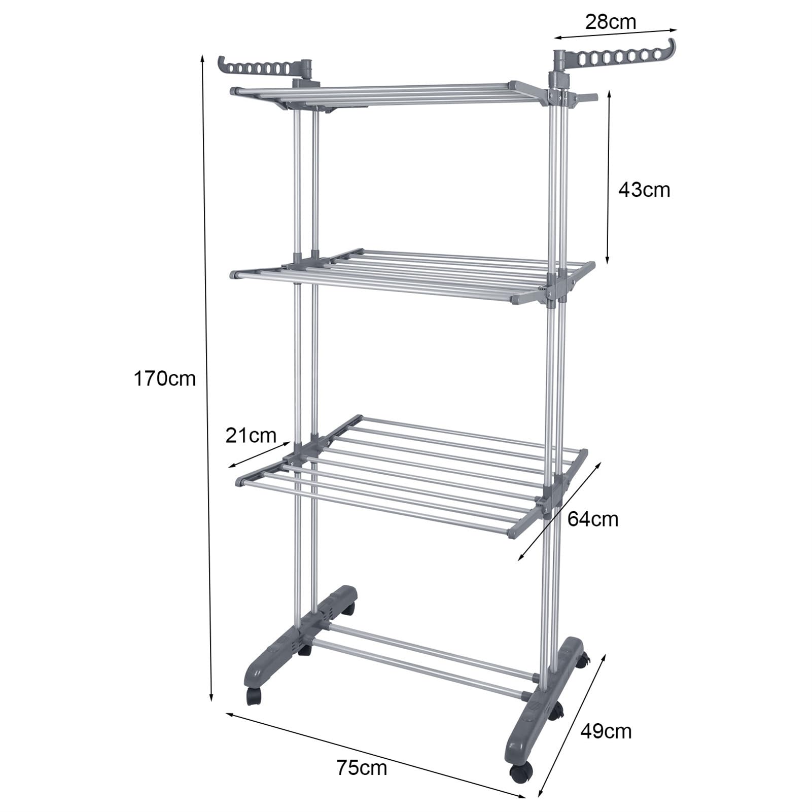 Stendibiancheria a torre pieghevole in acciaio inox, con 6 rotoli di ali, a torre da 75 x 64 x 170 cm (grigio)