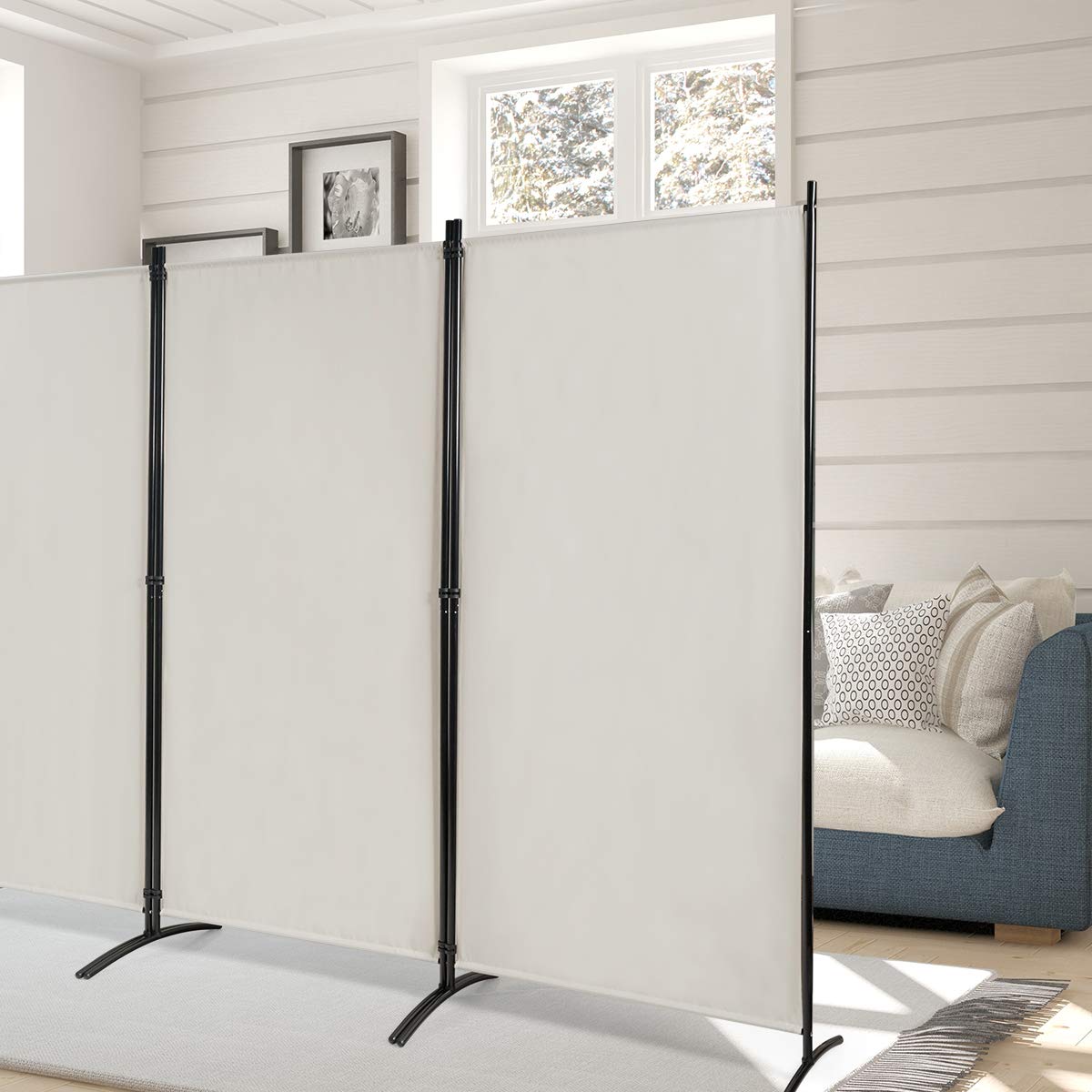 COSTWAY Paravent Interieur Exterieur 3 Panneaux 260 x 183 cm, Cloison de Separation Interieur Pliable, Double Charnières en Acier, Tissu Polyester, Separateur de Pieces pour Salon Bureau Balcon(Beige)