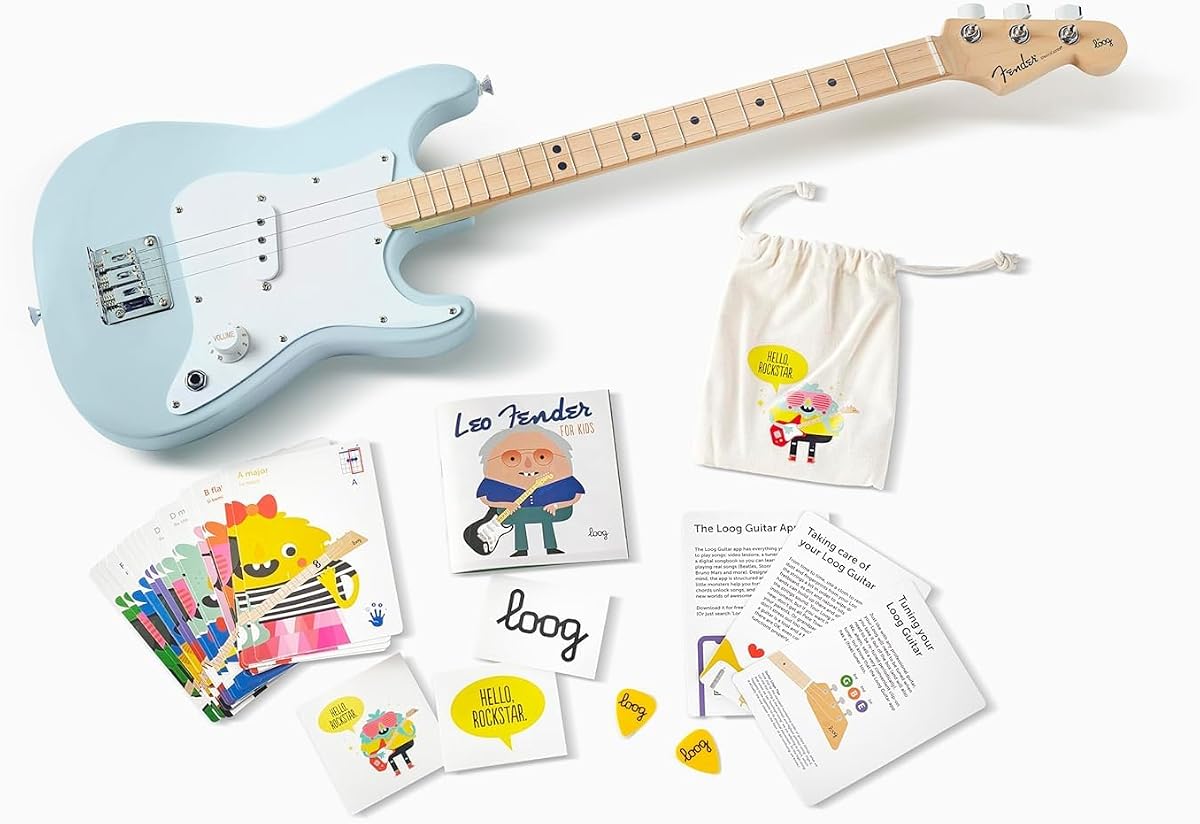Fender Loog Stratocaster Guitarra eléctrica de 3 cuerdas para niños, guitarra principiante, incluye tarjetas flash de acordes, aplicación de aprendizaje, folleto educativo, púas y pegatinas, Sonic Blue