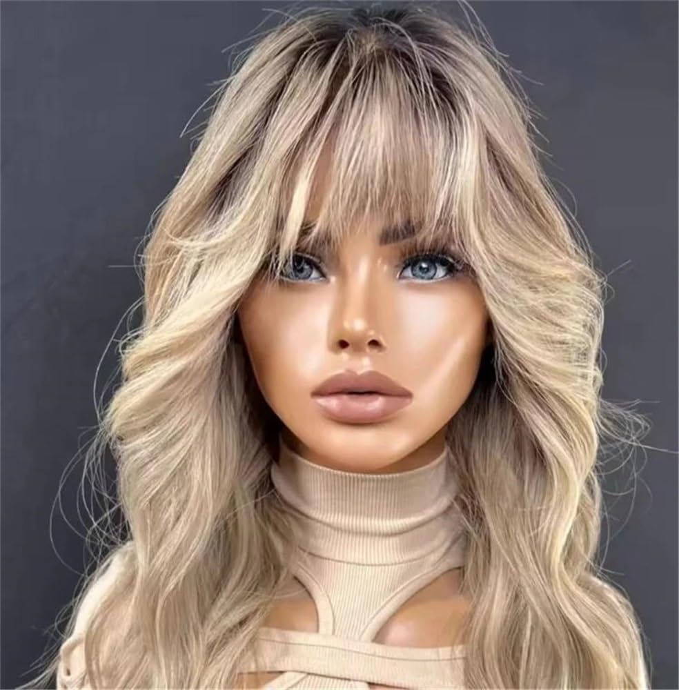 Peruki z koronką falową Peruki z koronką dla kobiet Ombre Ash Honey Blonde Kolorowe peruki bez kleju z grzywką Peruka syntetyczna Peruki z naturalnych włosów syntetycznych(24inches)