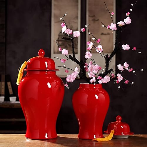 Miniatura 3 de ZHOUXIAO Tarro de jengibre de cerámica moderno con tapa, tarros de porcelana decorativos rojos con tapas, jarrones de flores decoración para sala de