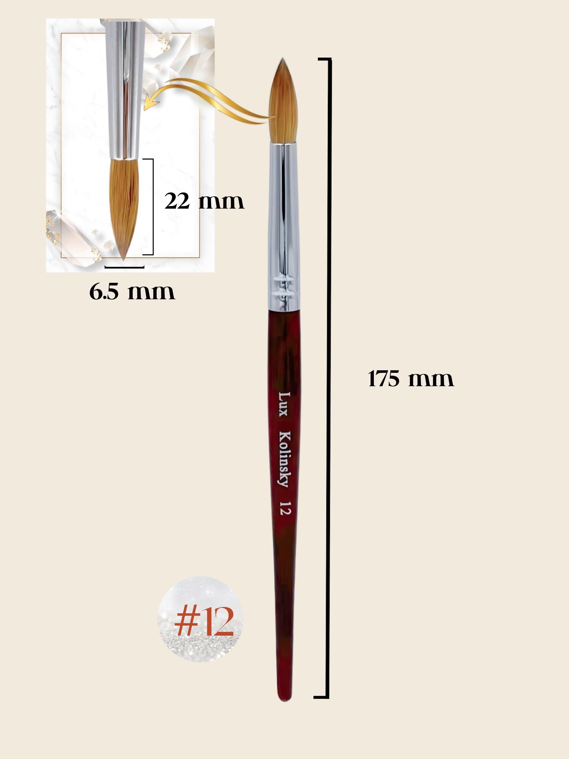 Kolinsky Brosse à ongles en acrylique 100 % pure forme ronde Manche en bois de cerisier Taille #8 à #22 Choisissez votre taille (taille #12)