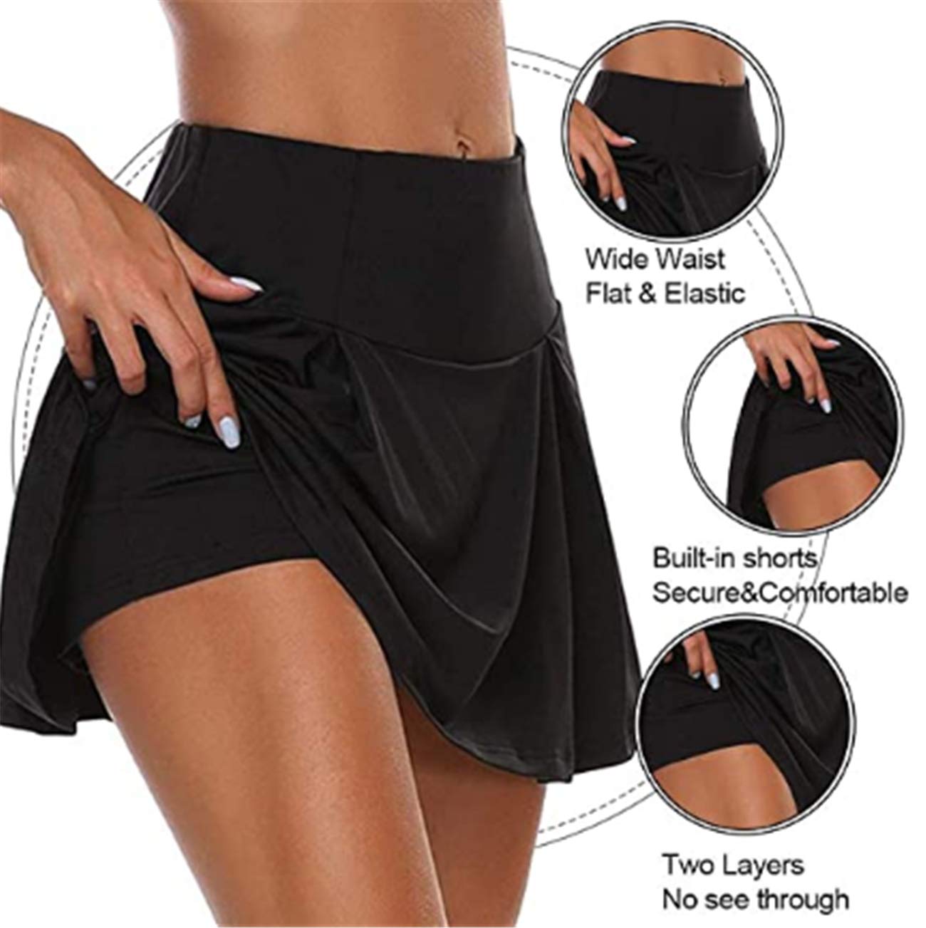 Femme 2 en 1 Jupe de Golf Tennis Mini Skorts Skirt Legging Ventre Plat Jupette de Bain avec Culotte pour Yoga Gym Dance Running