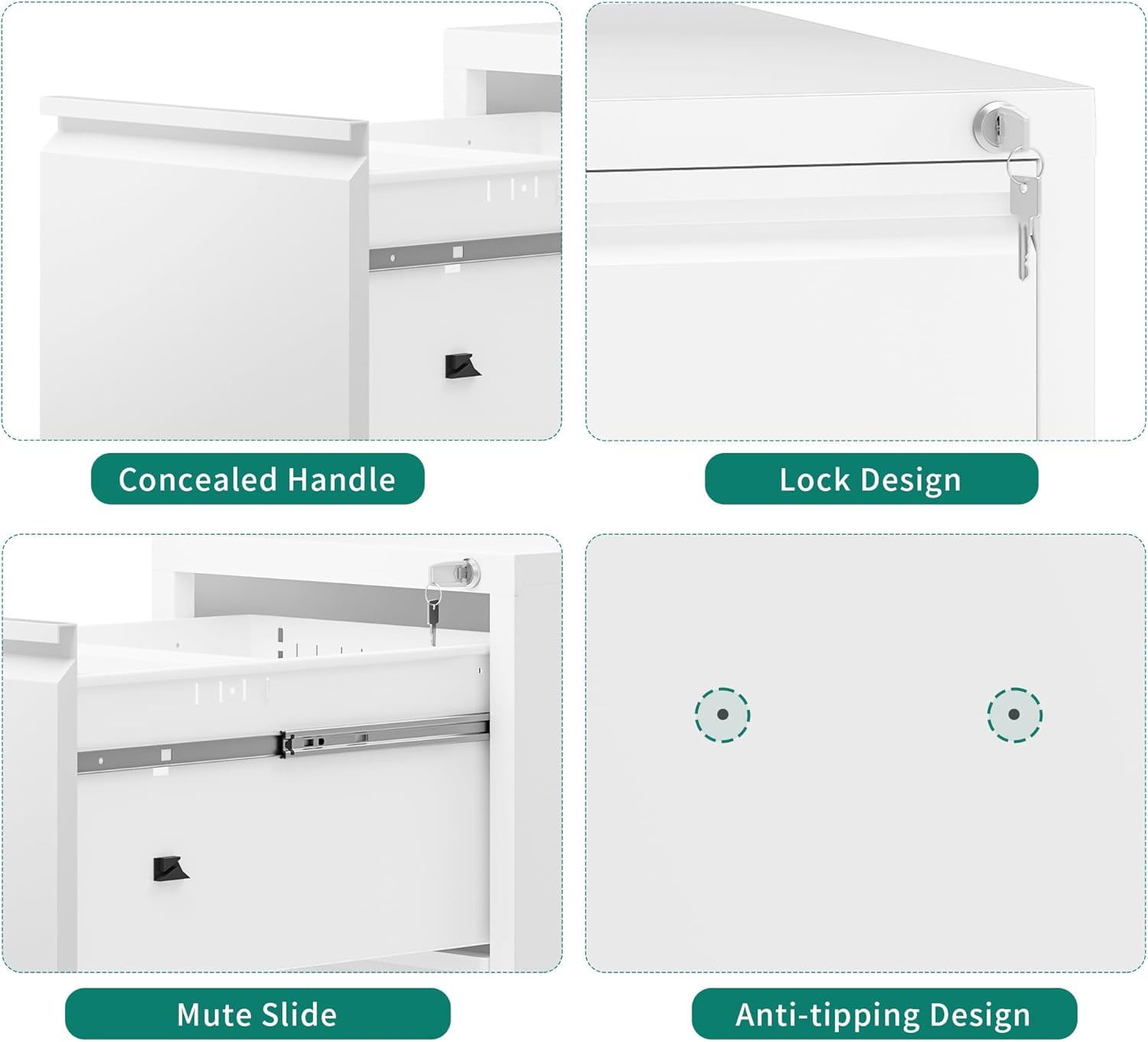 YITAHOME Aktenschrank mit 4 Abschließbaren Schubladen, Kippsicherer Rollender Aktenschrank mit Rädern für das Büro zu Hause, Unter-Pult-Aktenschränke, weiß, 62 x 45.8 x 133cm