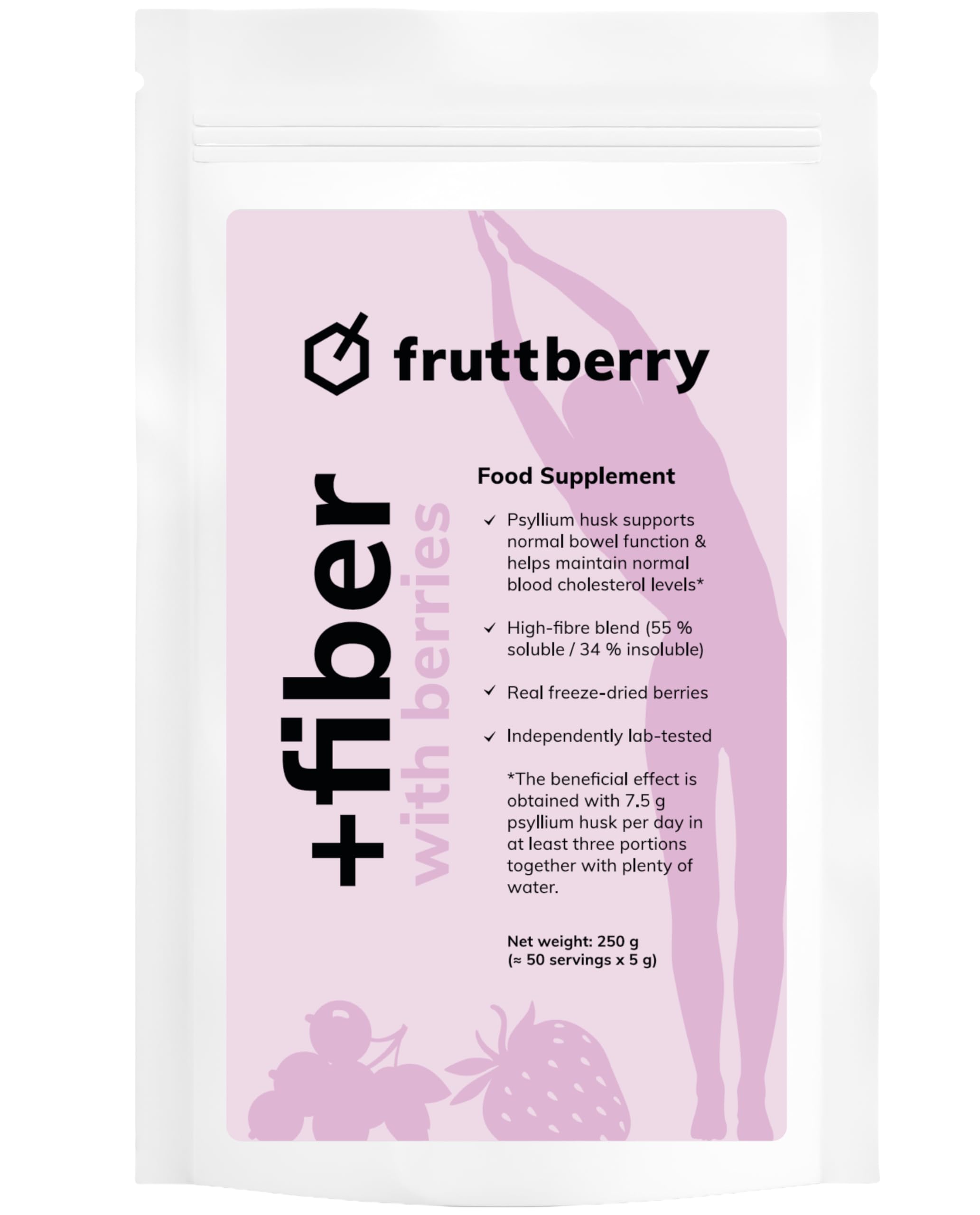 Ballaststoff-Mischung mit Beeren, Pulver – Flohsamenschalen, Agaveninulin & Glucomannan – Erdbeere & Schwarze Johannisbeere – 250 g (50 Portionen)