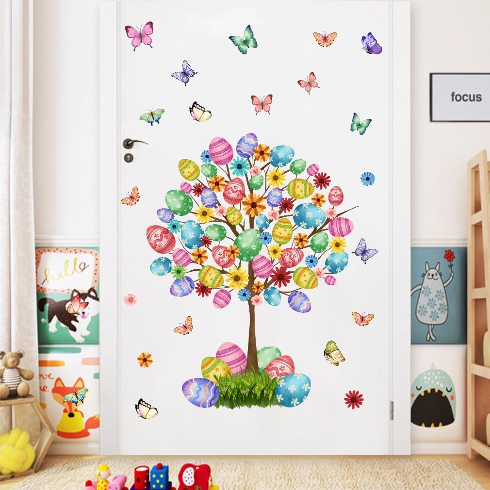 YIMEHDAN Large Colorful Easter Tree Wall Decal, Happy Eggs Butterfly Flower Vinyl Wall Stickers, Removable Garden Spring Tree Artwork for Kids Bedroom