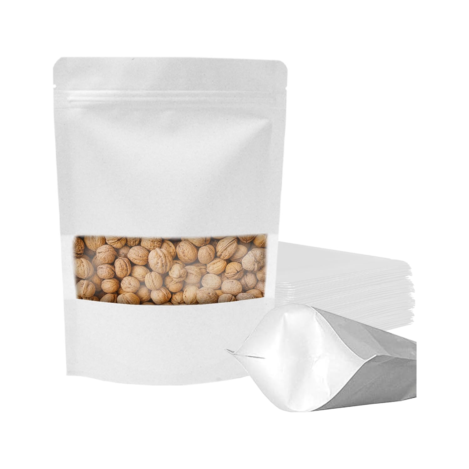 SKY FLEXI PACK White Kraft Paper Stand Up Pouch 14 x 20cm, Pack of 25, Reusable Zip Lock with Rectangle Transparent Window, Waterproof Multi-purpose Storage Bags, Capacity up to 350gm