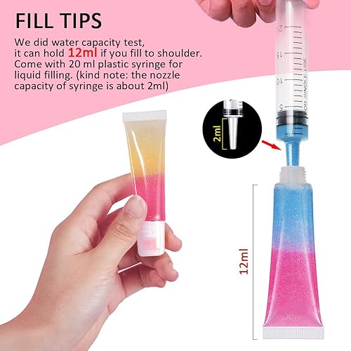 Miniatura 7 de AMORIX 50 tubos de brillo de labios de 0.5fl oz, recipientes transparentes para brillo de labios, tubos vacíos para apretar cosméticos para