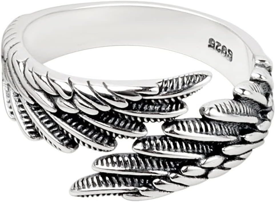 Open Ring, Angel Wings Ring, Handmade S925 Sterling Silver Retro Temperament Adjustable Feather Angel Wing Ring For Men Women,B-Women