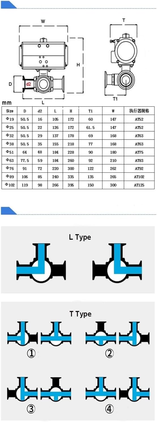 25mm 304 Stainless Steel Pneumatic Ball Valve 3 Way Tri Clamp Ferrule Type Ball Valves with Double Acting Cylinder(T Type)
