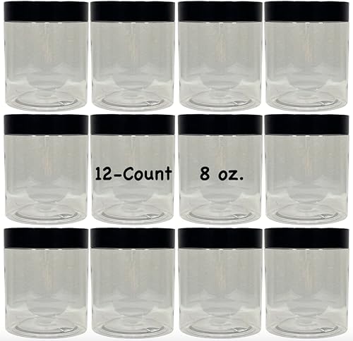 Chaten Tarros de plástico transparentes multiusos de 8 onzas con tapas negras herméticos, a prueba de fugas, no tóxicos, resistentes a las manchas y