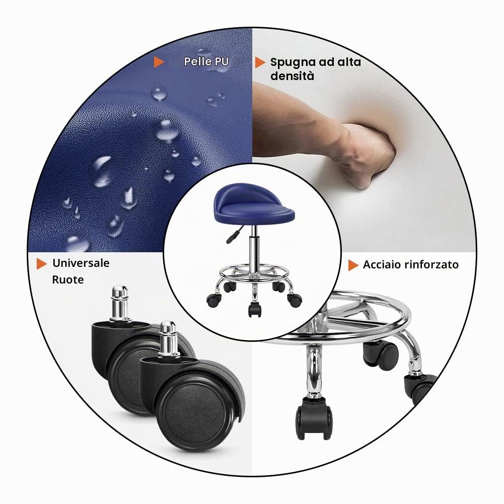 KKTONER Sgabello rotondo in ecopelle con schienale regolabile girevole per lavori di progettazione SPA con ruote colore blu navy