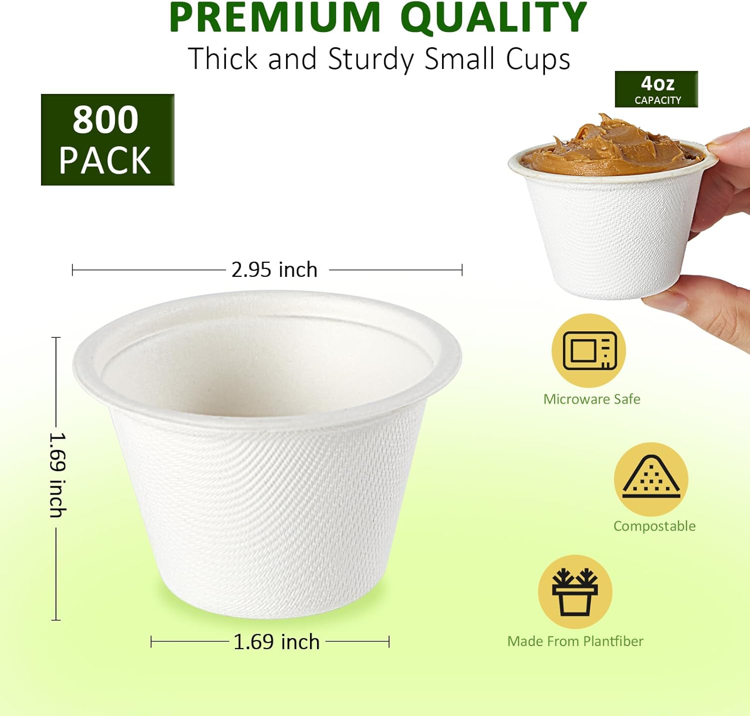 Vplus 800 Pack 4 OZ Disposable Souffle Cups, 100% Compostable Portion Cups, Made From Bagasse Fibe and Bamboo, Perfect For Dips, Food Sample, Jams, Honey, Sauces, Nuts