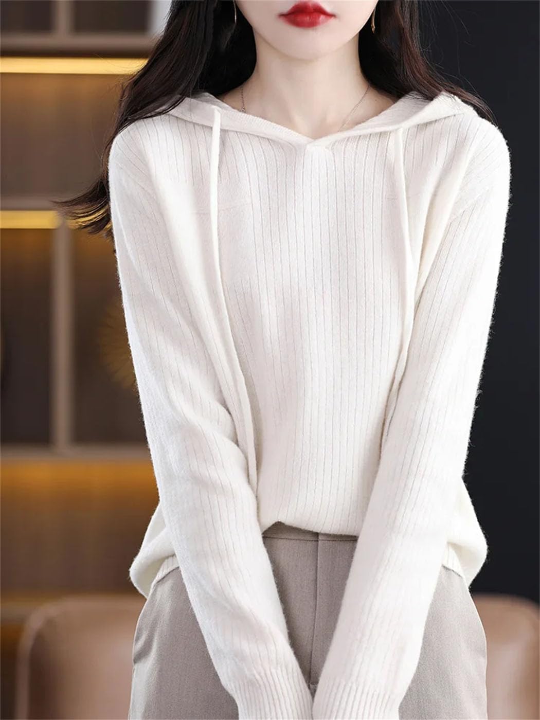 Women's Fall Winter Sweater Long Sleeve Hoodie 100% Merino Wool Pullover Slim Draw Stripe Texture Knit Tops