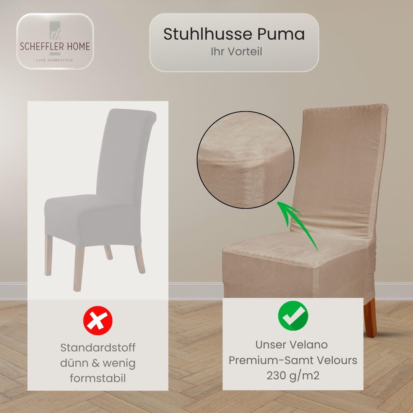 Scheffler Home Stuhlhussen Samt Stein-Beige 6er Set Puma | Weiche Velours-Stuhlbezüge, elastisch und waschbar, für Hochlehner, Polsterstühle und Esszimmerstühle