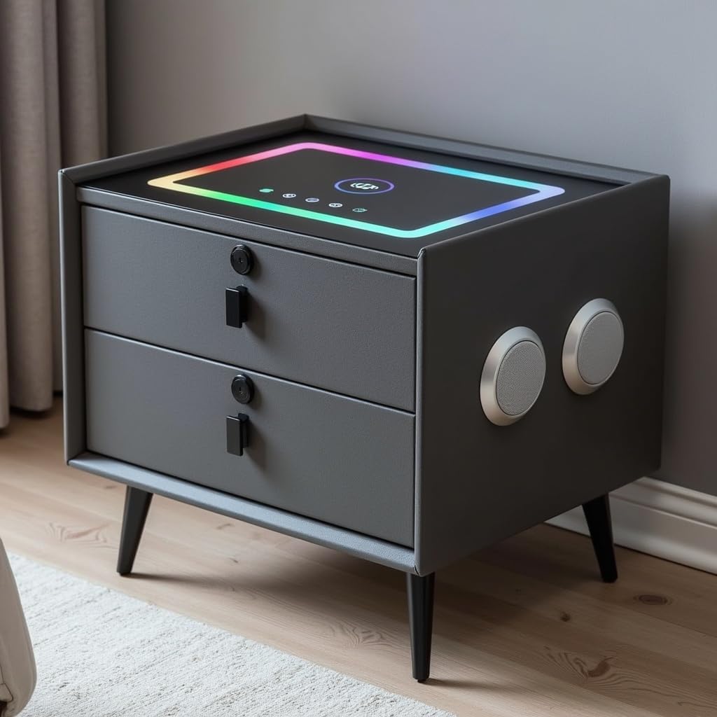 Modern Luxury Smart Bedside Table | LED Light Nightstand with Wireless Charging, Bluetooth Speakers & Fingerprint Lock | 2 Drawer Storage (Grey)-image-5