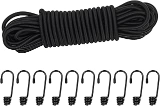10M Elastic Cord, 1/4" Thick Shock Cord Heavy Duty 32Ft Elasticated Shock Cord Black Bungee Cords with Hooks for Caravan Camping Cargo Craft Rack (6mm x 10M, Black)