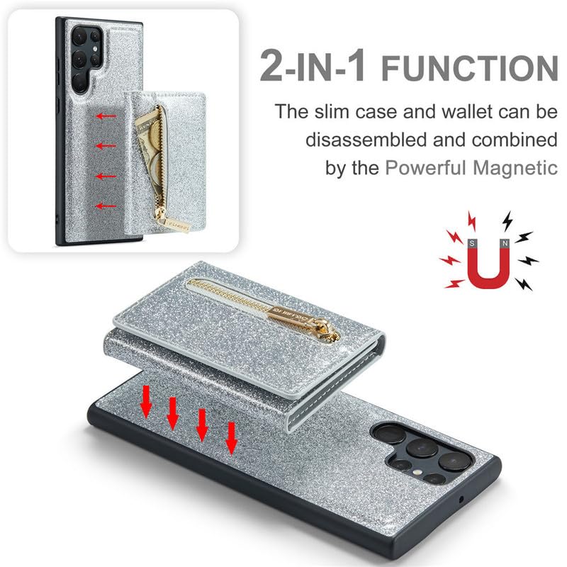 Galaxy Z Fold 5 etui ochronne 【brokatowe, 2 w 1, zdejmowane, funkcja stojaka】 Magnetyczna kieszeń portmonetka Back Case Cover etui z portfelem do Samsung Galaxy Z Fold 5 - srebrne
